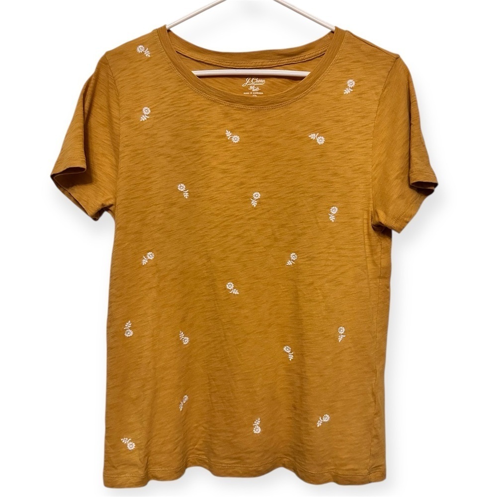 EUC J. Crew Mustard Short Sleeve Top with White Floral Accents